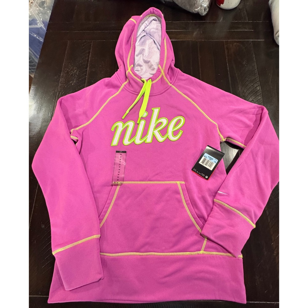 Nike Women Pink Therma-FIT Pullover Hoodie Lime Green Logo Size M NEW